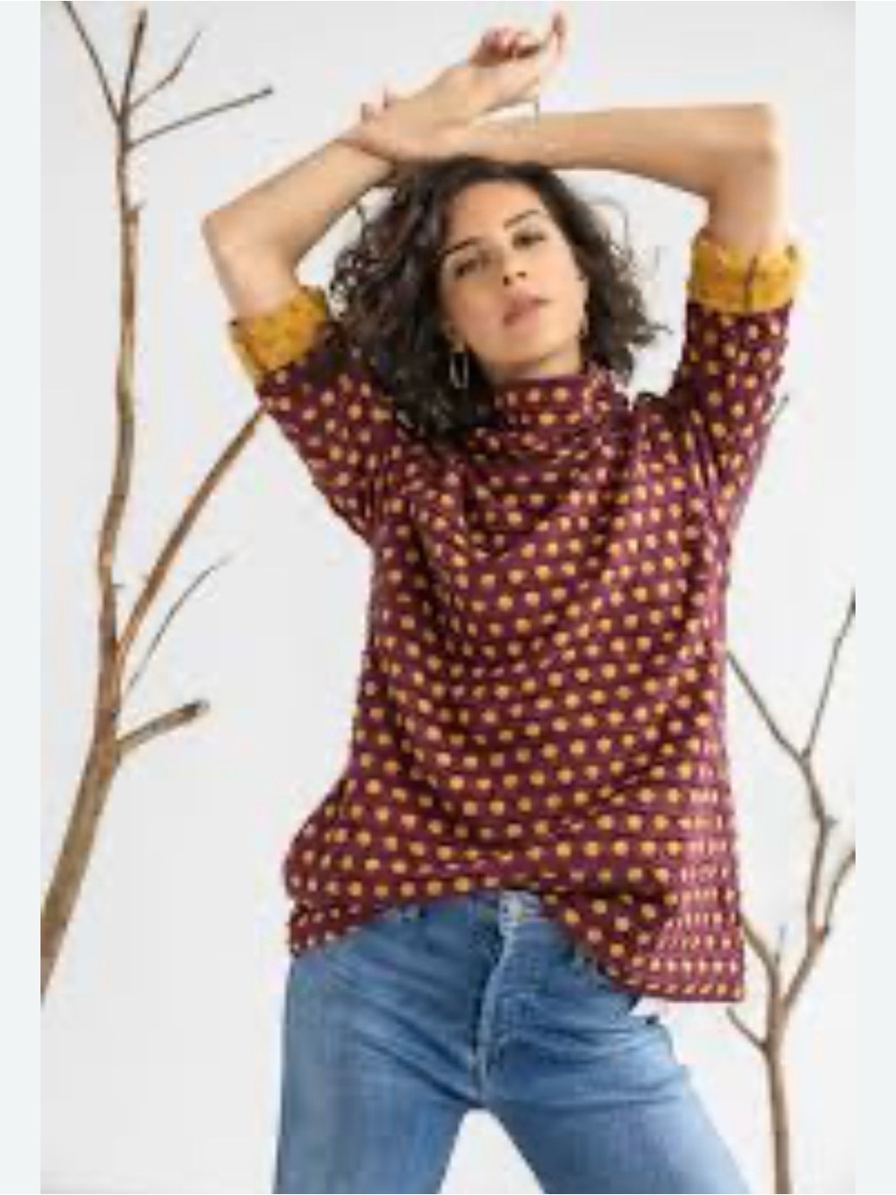 Komol M Como spot Audrey cotton weave wide burgundy-mustard cowl top boho chic